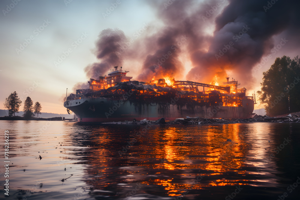 Large general cargo ship for logistic import export goods and other the explosion and had a lot of fire and smoke at sea in bright day Large general cargo ship for logistic import export goods and other the explosion and had a lot of fire and smoke at sea in bright day