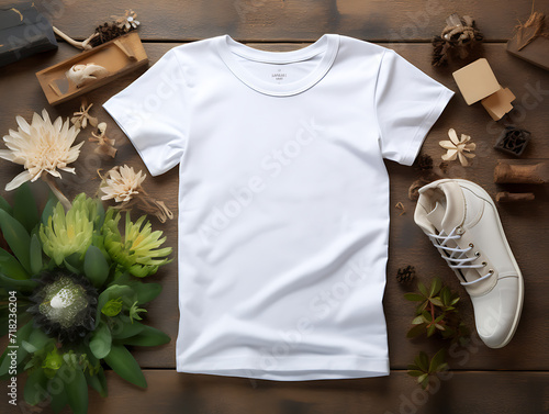 A 3d blank realistic mockup of a white t-shirt, lying on a wooden floor with lotus flowers, shoes, and other retro items. Created with Generative AI.