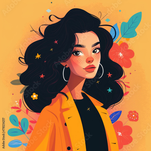 a charming and empowering cartoon-style illustration of a single woman, wearing an orange or yellow suit. It symbolizes positivity, strength, and individuality in the character's expression and postur photo