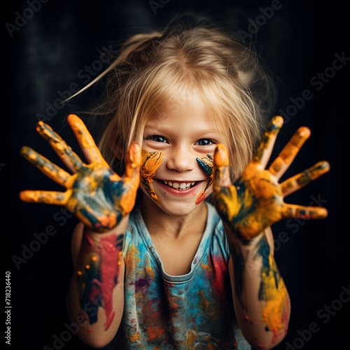 portrait of a funny child girl shows hands dirty with paint