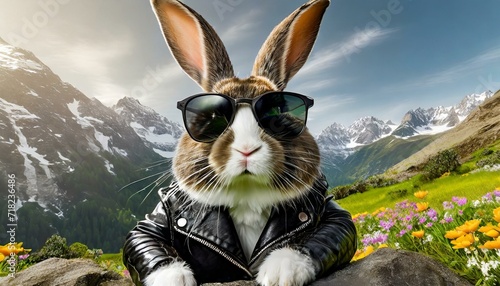 Very cool Easter bunny with leather jacket and cool sunglasses with nature in the background © Kaspars