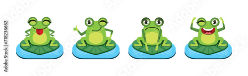 Cute Green Frog Character as Croaking Swamp Animal Sit on Pad Vector Set