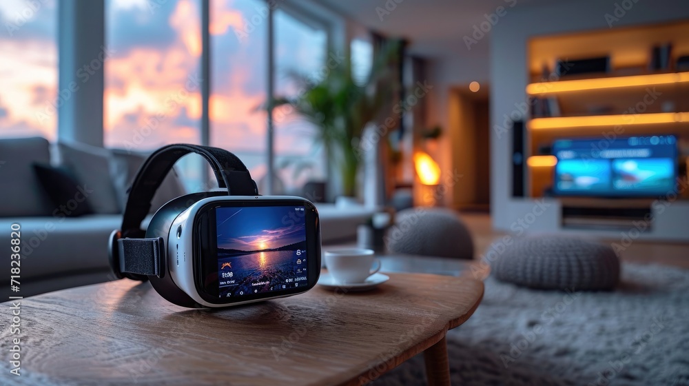 Cutting-Edge Home Entertainment: A Mobile Phone Docked in a VR Headset, Showcasing a Virtual Reality Application, Elegantly Placed on a Living Room Table