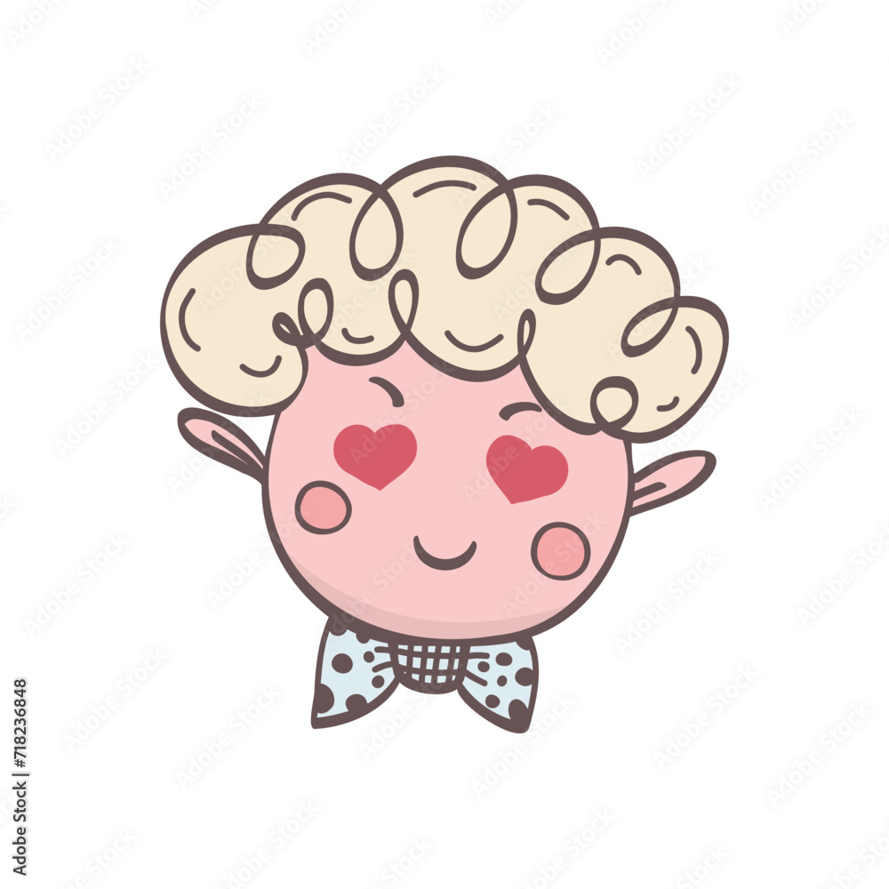 Obraz premium Vector clipart of cute cupid face with heart shaped eyes. Stock isolated color image on a white background in doodle style. Illustration for greeting card, pattern design, print, sticker. 