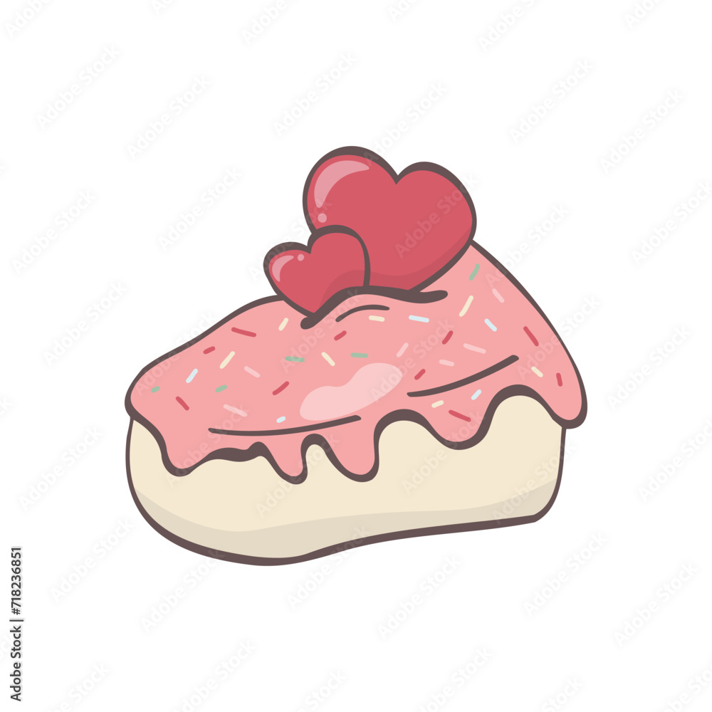 Vector single clipart of a piece of cake decorated with a heart. Concept for Valentine's Day. Illustration for for greeting card, pattern design, print, sticker. Stock isolated image in color on a whi Vector single clipart of a piece of cake decorated with a heart. Concept for Valentine's Day. Illustration for for greeting card, pattern design, print, sticker. Stock isolated image in color on a whi