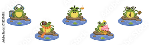 Cute Green Frog Character as Croaking Swamp Animal Sit on Pebble Vector Set