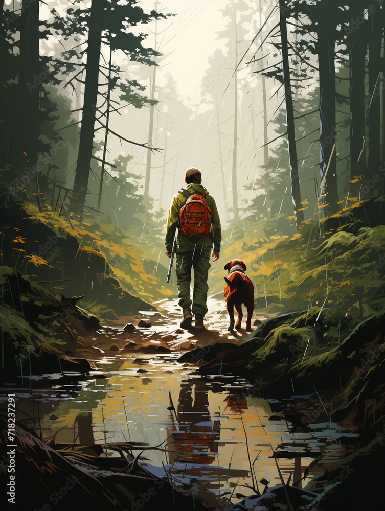 T-shirt design, an evocative painting captures a dog hiking a forest trail сreated with Generative Ai