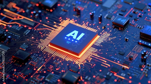 A motherboard circuit featuring a central chip adorned with the logo of two letters, 'AI,' at its center