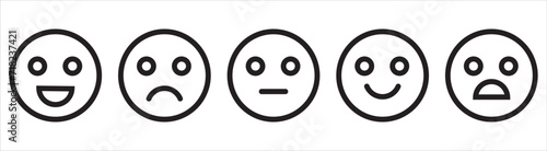 smiley face emoticons. Emoji faces collection. Emoticons set. Emojis flat style. Happy and sad emoji. Line smiley face. Customer feedback. Excellent, good, normal, bad, awful.