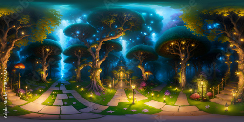 Full 360 degrees seamless spherical panorama HDRI equirectangular projection of surreal fantasy forest mushrooms. Texture environment map for lighting and reflection source rendering 3d scenes. 