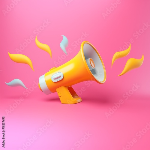 Vibrant yellow megaphone with stylized sound waves in a playful cartoon illustration, set against an energetic pink background.