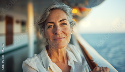 Portrait of a smiling senior woman relaxing at open deck of cruise liner in ocean cruise. Concept of Active age, photo