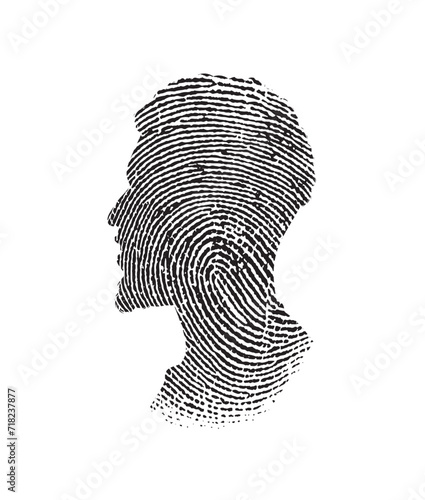 Black head fingerprint. Black and white portrait of a person in Fingerprint. Recognition, identification, authentication, id, technology concept. 