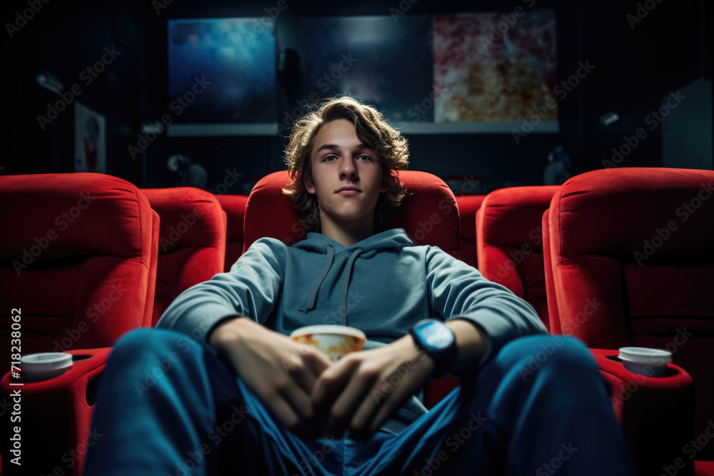 Teenager enjoying film in cinema hall. Teenager enjoying film in cinema hall.