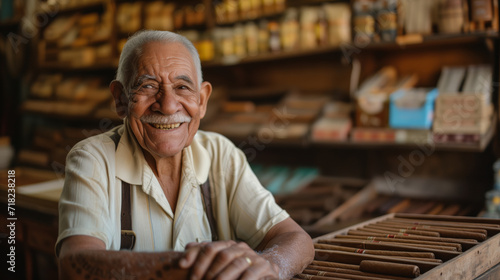 Smiling old caribbean man selling cigars at his tobacco shop
