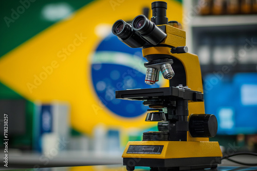 Microscope against the background of the Brazil flag