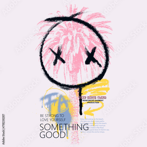 palm tree with graffiti vibes summer beach print, tropical tee shirt vectors,  graffiti slogan print with Palm tree spray effect for graphic tee t shirt or sweatshirt - Vector