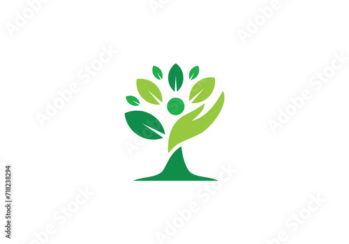 hand tree logo design, care plant green leaves symbol icon template