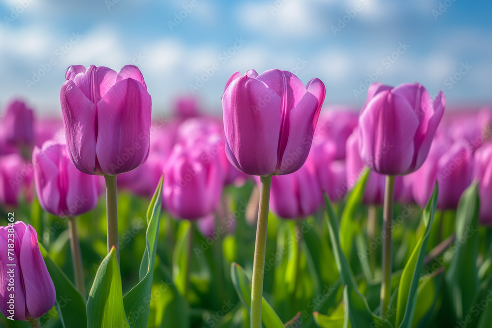Purple tulips grow on the field