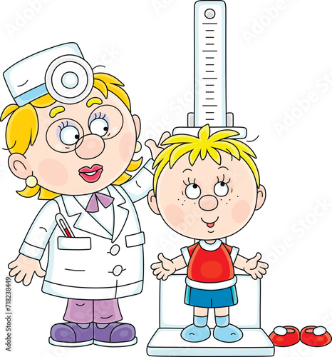 Doctor measuring a growth of a little boy during a medical examination in a pediatric polyclinic, vector cartoon illustration isolated on a white background