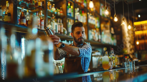 A bartender shakes a cocktail in a bar