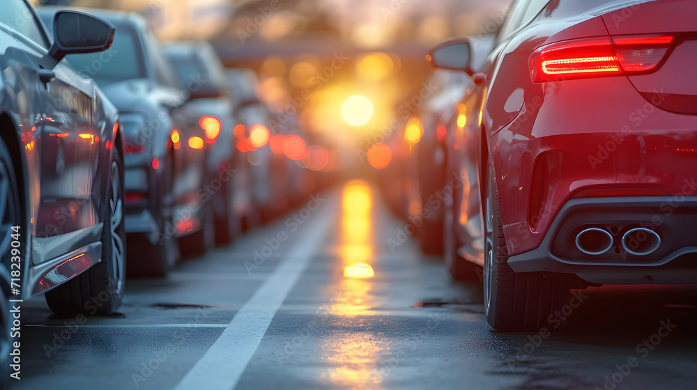 Traffic jam with row of cars on the road in evening. Traffic jam with row of cars on the road in evening.