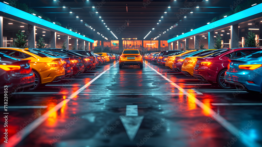 Parking lot with cars and lights at night. Automobile parking area. 3d rendering