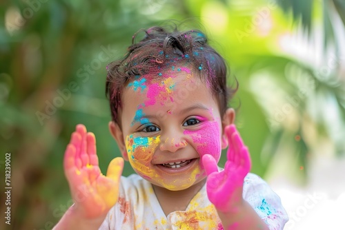 holi spring festival  portrait joyful child playing with holi colors  kids festive activities and drawing classes concept banner.