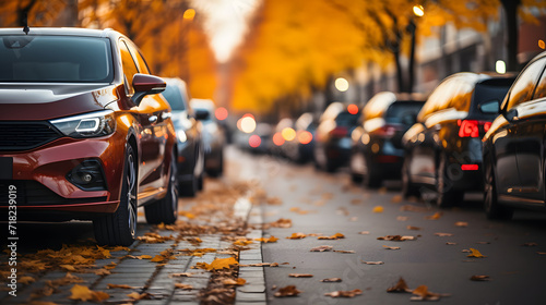 Row of cars parked in a row on a city street in autumn. Automobile parking area. photo