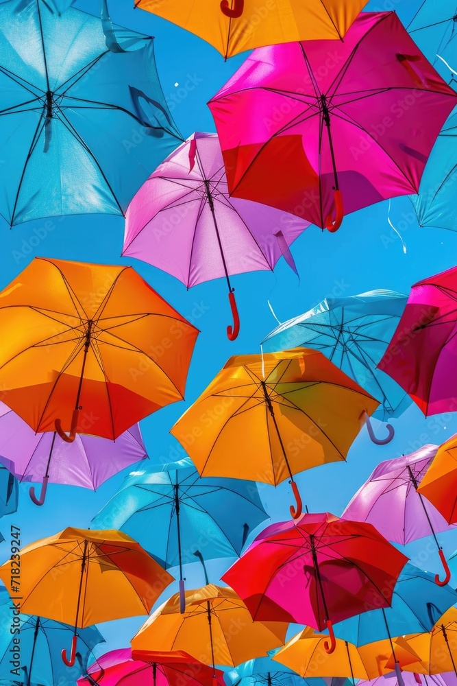 Colorful umbrellas floating in the air, creating a vibrant and whimsical scene. Perfect for adding a touch of joy and creativity to any project
