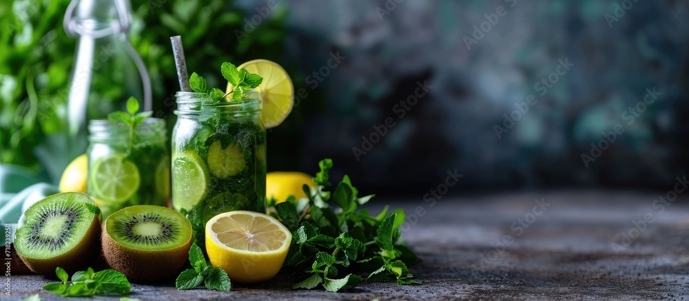In their quest for a slimming and healthy diet, they prepared a rejuvenating fat burning green fruit cocktail, meticulously crafted with kiwi, lemon, mint, and parsley - the perfect space for a text