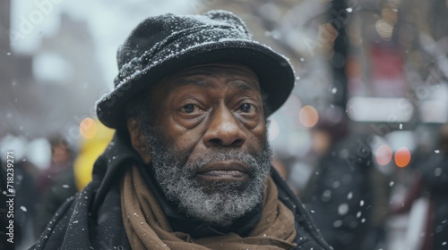 A man wearing a hat and scarf in the snow. Suitable for winter-themed designs and outdoor activities