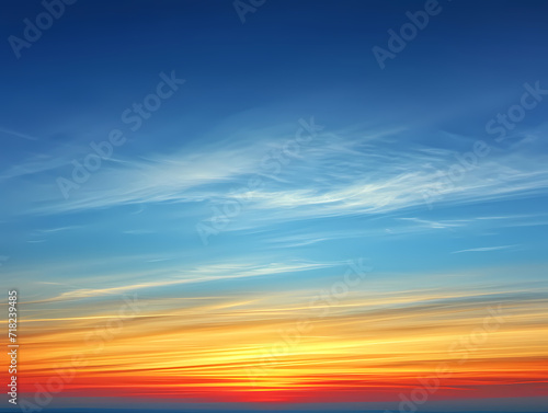 Epic colorful sky with brush stroke clouds at sunset. View towards the horizon. Colors in different shades of blue and light blue, and orange and yellow colors predominate.