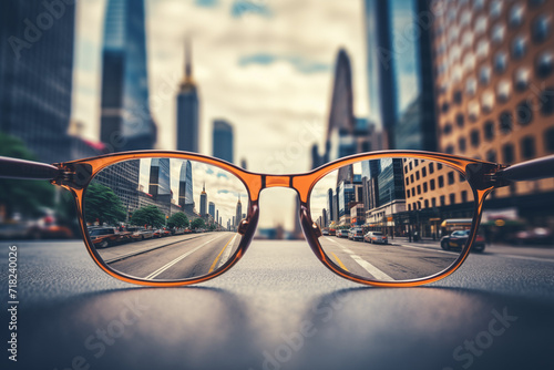 Urban Vision: Bright Cityscape Through Eyeglasses. Generative ai