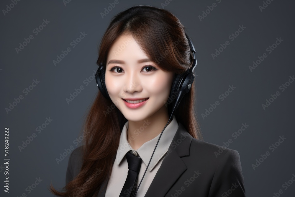 This charming image showcases an Asian call center professional with a headset, projecting approachability with a winning smile. This charming image showcases an Asian call center professional with a headset, projecting approachability with a winning smile.