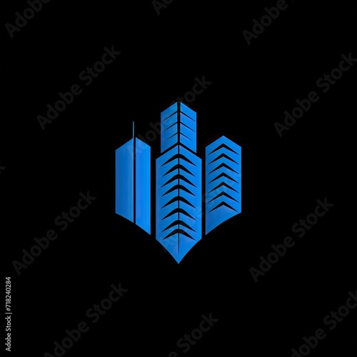Elegant logo for a real estate company in blue  isolated on a black background.