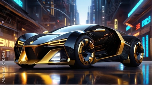 Reb7 car, black, gold details, chrome, futuristic, high technology, innovation, aerodynamics, performance, power reactor. Medium view, front side. © reb7design