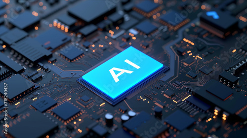 A close-up photo of a processor chip with the letter AI prominently displayed, artificial intelligence