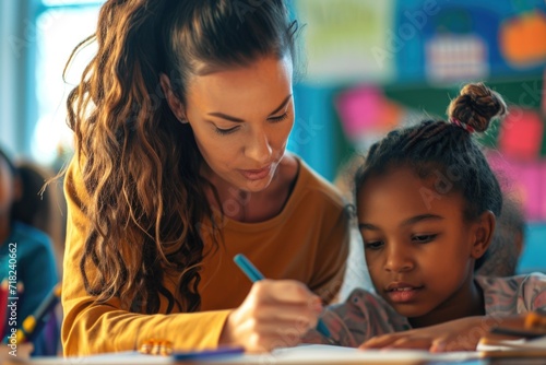 A woman is seen assisting a young girl with a pencil. This image can be used to depict education, learning, mentorship, or tutoring photo