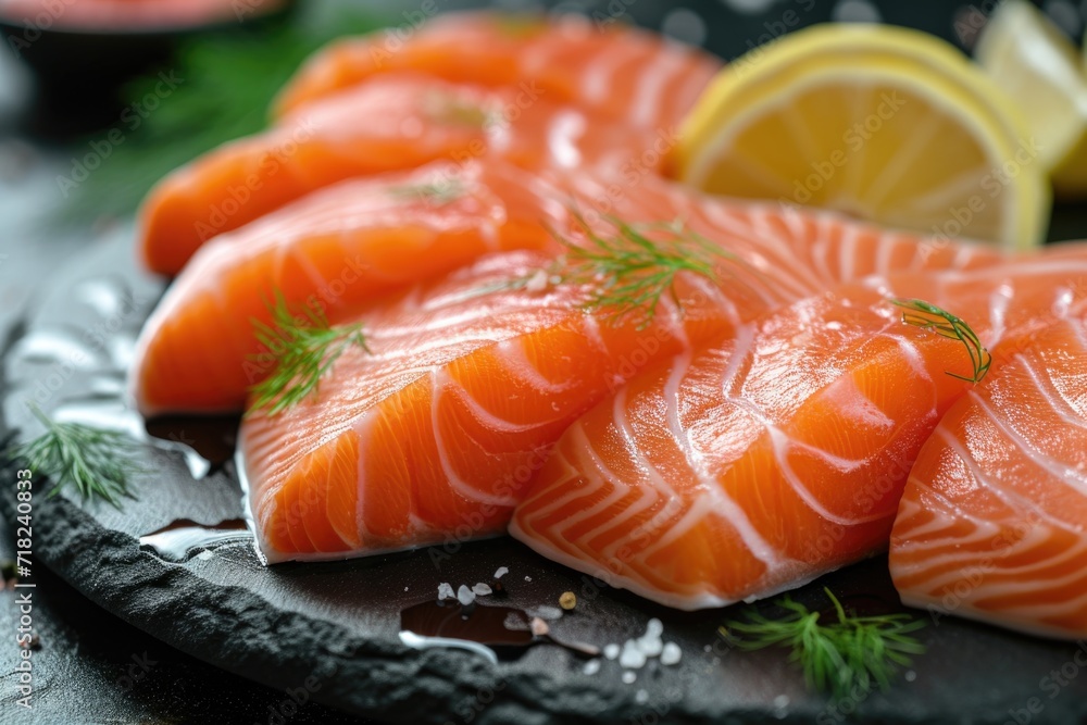 A detailed view of a fresh salmon dish served on a plate with slices of lemon. Perfect for food blogs, restaurant menus, or cooking tutorials A detailed view of a fresh salmon dish served on a plate with slices of lemon. Perfect for food blogs, restaurant menus, or cooking tutorials