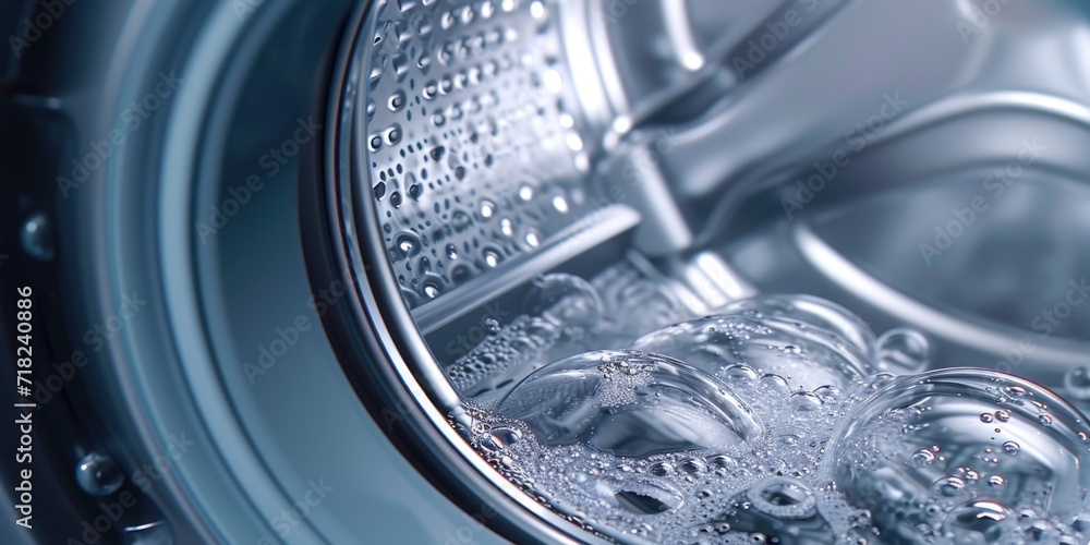 A detailed close up of a washing machine filled with water. This image