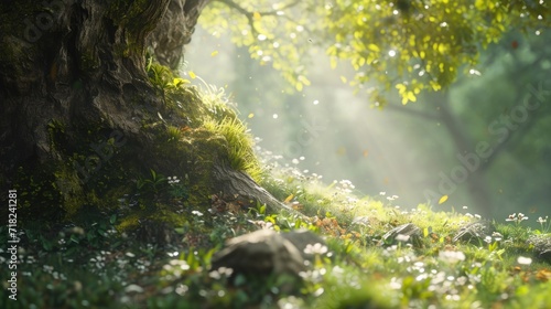 Sunlight shining through the trees in a forest. Perfect for nature-themed designs and concepts