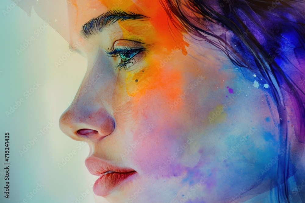 Close up of a woman's face with vibrant and colorful paint. Perfect for artistic projects and creative designs