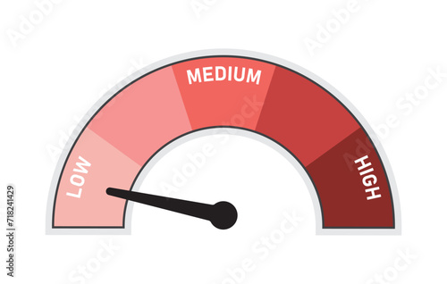 Speedometer gauge indication from fair to dark vector illustration. Speedometer scale of skin tone fair to dark with arrow and text low, medium and high - Vector Illustration