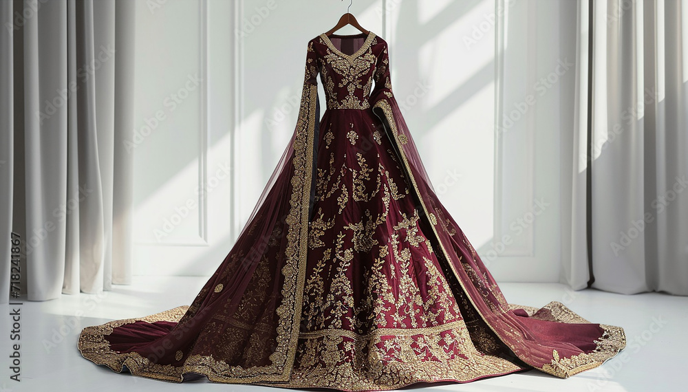 Indian wedding dress. Bridal lehenga. Bollywood red with gold wedding attire on hanger in luxury interior background. Festive traditional outfit. Beautiful ceremony dress. Banner Stock Adobe Stock