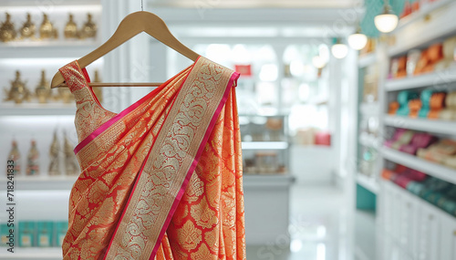 Saree Indian dress in white luxury boutique background. Indian attire in fashion store. Festive outfit. Beautiful Bollywood clothing. Stylish orange party dress. Handloom saree salon. Banner photo