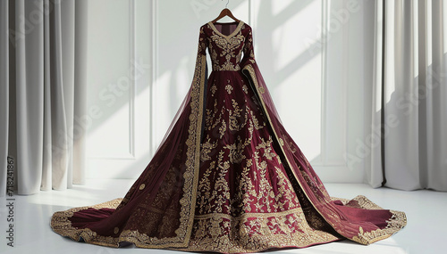 Indian wedding dress. Bridal lehenga. Bollywood red with gold wedding attire on hanger in luxury interior background. Festive traditional outfit. Beautiful ceremony dress. Banner