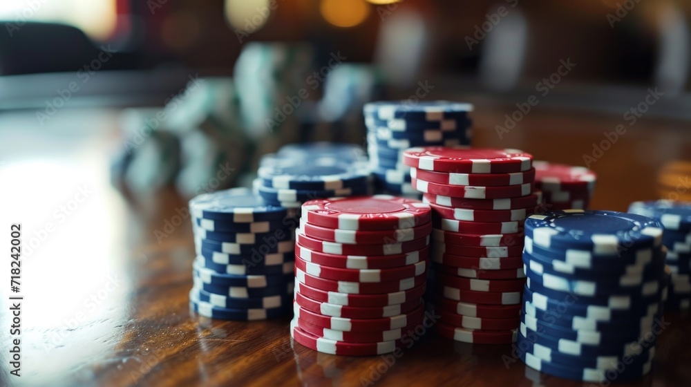 A pile of poker chips sitting on top of a wooden table. This image can be used for various gambling and casino-related concepts A pile of poker chips sitting on top of a wooden table. This image can be used for various gambling and casino-related concepts