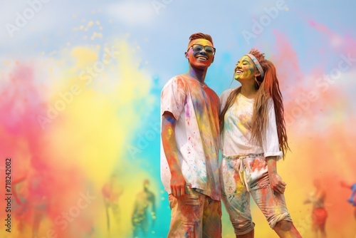 joyful happy friends, couple sharing laughter at holi festival, colorful memories in making, youth event celebration, blurred colorful powder in air.
