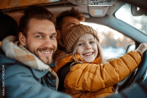 A man and a little girl are sitting together in a car. This image can be used to depict a father spending quality time with his daughter or a family road trip.